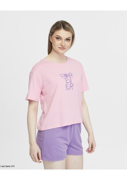 Penye Pamuklu Kısa Kollu Baskılı Kadın Şortlu Yazlık Pijama Takımı