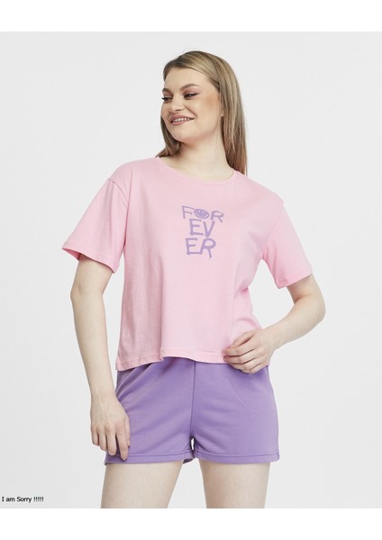 Penye Pamuklu Kısa Kollu Baskılı Kadın Şortlu Yazlık Pijama Takımı
