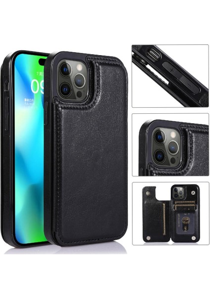 Kart Tutucu Toka ile IPhone 14 Pro Kart Yuvaları Pu Deri Için Cüzdan Kılıf (Yurt Dışından)