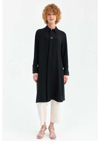 Gizli Patlı Inci Aksesuar Detaylı Uzun Tunik Siyah