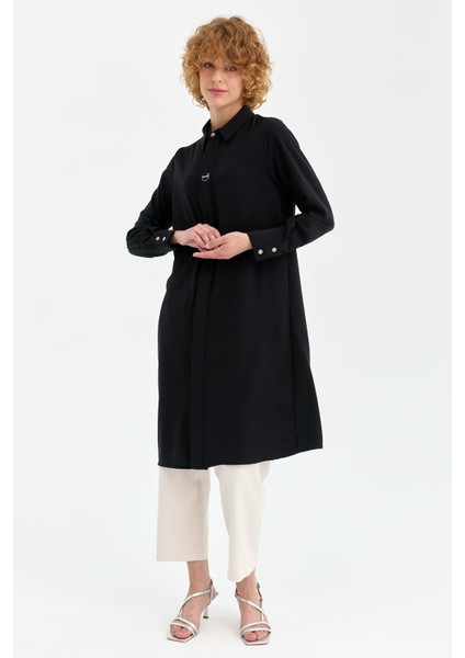 Gizli Patlı Inci Aksesuar Detaylı Uzun Tunik Siyah indirimleri