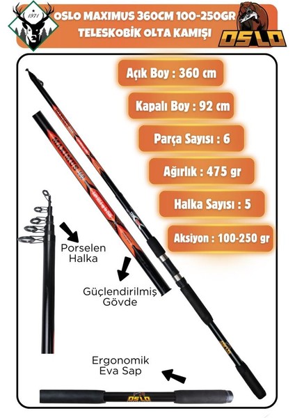 Maximus 360CM 250GR Teleskopik Olta Kamışı fiyatları