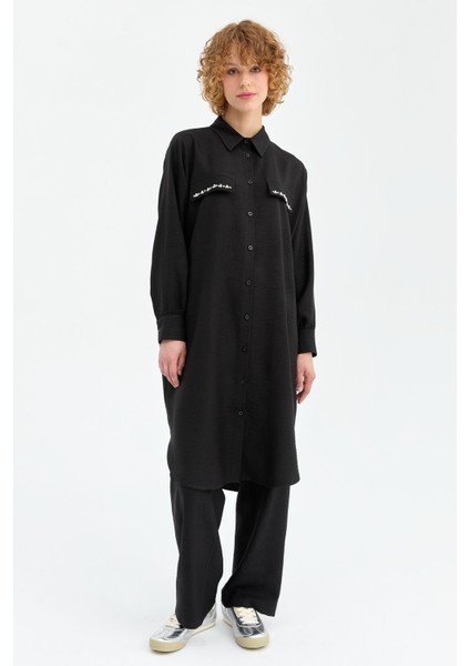 Cep Kapağı Inci Detaylı Pantolonlu Eco Takım Siyah