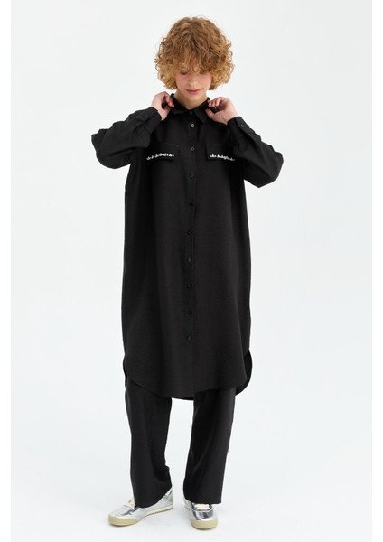 Cep Kapağı Inci Detaylı Pantolonlu Eco Takım Siyah indirimleri