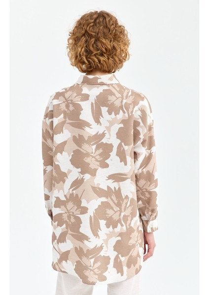 Yaprak Desenli Ferah Kumaş Pantolonlu Takım Bej modelleri