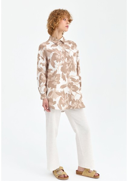 Yaprak Desenli Ferah Kumaş Pantolonlu Takım Bej indirimleri