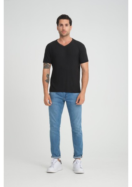 V Yaka Fitilli Regular Fit T-Shirt (E24-74602)