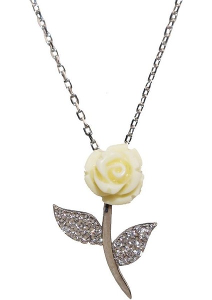 925 Ayar Gümüş Zirkon Taşlı Özel Tasarım Beyaz Yaprak Gül Kolye fiyatları