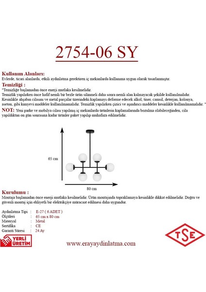 Opal Camlı 6lı Siyah Avize