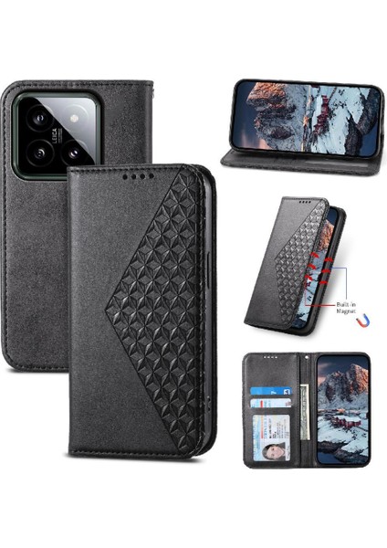 Xiaomi 14 Günlük Kullanım Için Flip Case Eşkenar Dörtgen Şekli El Kayışı Standı Cüzdan (Yurt Dışından)