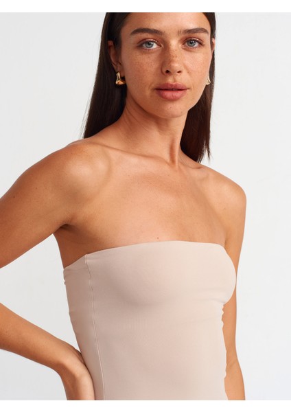 91176 Straplez Midi Elbise-Taş