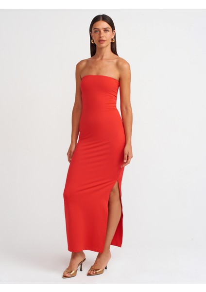 91176 Straplez Midi Elbise-K.kırmızı