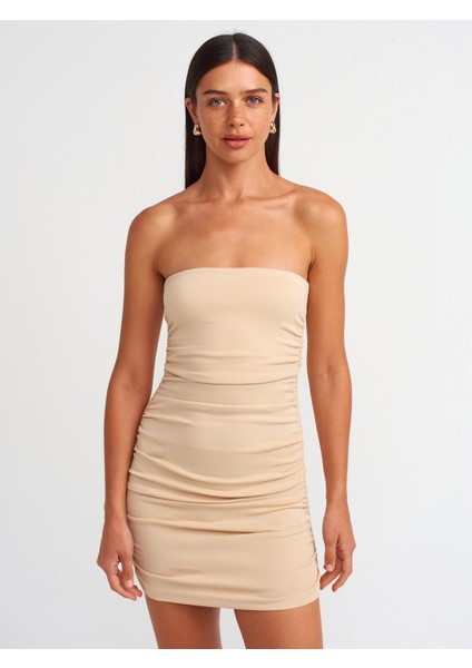 91156 Vücuda Oturan Straplez Elbise-Açık Bej