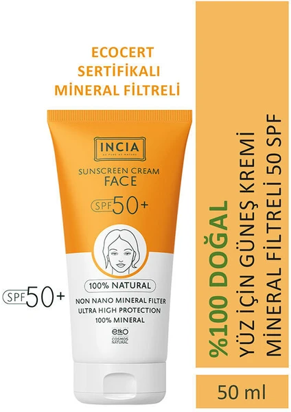 %100 Doğal Yüz Güneş Kremi Leke Karşıtı Mineral Filtreli Yüksek Koruma SPF50 UVA UVB 50 ml