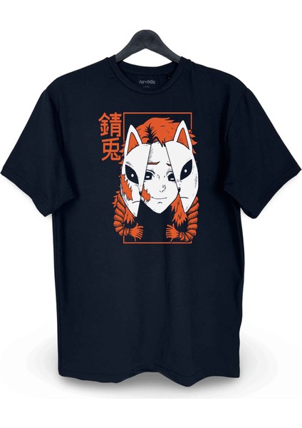 Sabito Demon Slayer Maske Baskılı Loose Fit Bisiklet Yaka Unisex Tişört Siyah