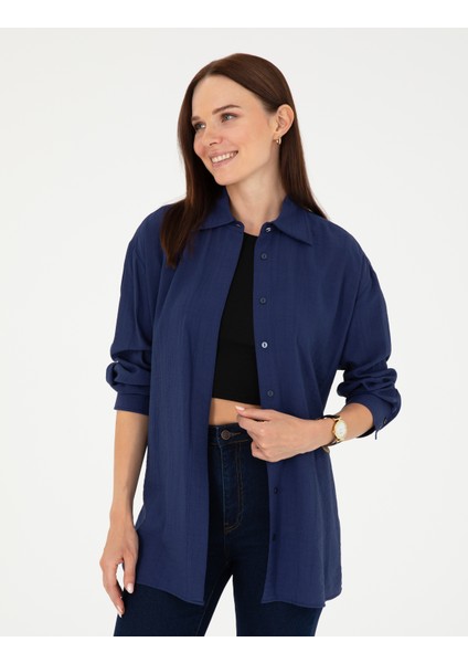 Kadın Lacivert Oversize Uzun Kollu Gömlek 50284899-VR033