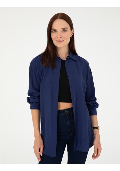 Kadın Lacivert Oversize Uzun Kollu Gömlek 50284899-VR033