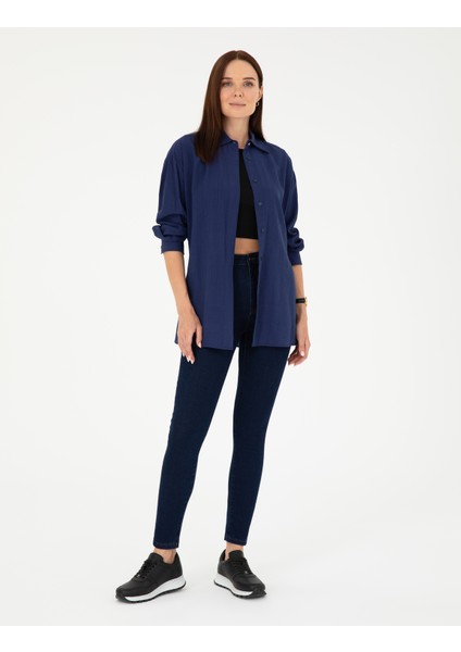 Kadın Lacivert Oversize Uzun Kollu Gömlek 50284899-VR033