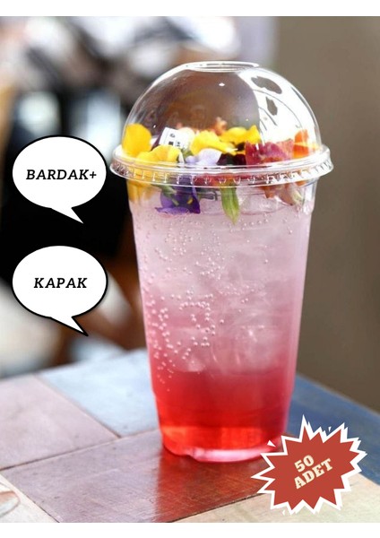 Plastik Pet Milkshake Limonata Bardak Kapaklı 50 Adet