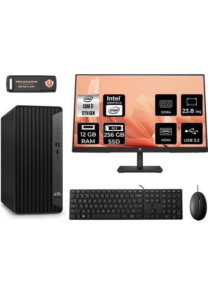 Pro Tower 400 G9 Intel Core I7 12700 12GB 256GB SSD 23.8" Fhd Monitör 6U3M9EA Fdos Masaüstü Bilgisayar & Per4 USB Bellek 6U3M9EAMNT306