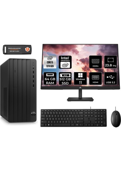Pro Tower 290 G9 Intel Core I5 13500 64GB 512GB SSD 23.8" Fhd Monitör 8T2W9ES W11P Masaüstü Bilgisayar & Per4 USB Bellek 8T2W9ESMNT447