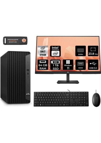 Pro Tower 400 G9 Intel Core I7 12700 64GB 1tb SSD 23.8" Fhd Monitör 6U3M9EA W11P Masaüstü Bilgisayar & Per4 USB Bellek 6U3M9EAMNT448