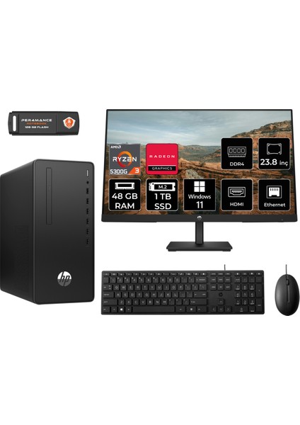 295 G9 Amd Ryzen 3 5300G 48GB 1tb SSD 23.8" Fhd Monitör 6D391EA W11H Masaüstü Bilgisayar & Per4 USB Bellek 6D391EAMNT393