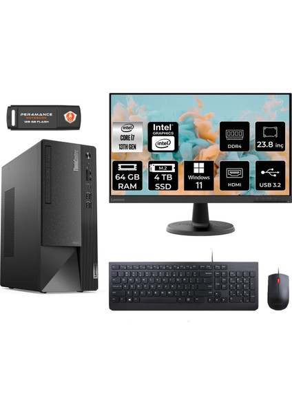 Thinkcentre Neo 50T Intel Core I7 13700 64GB 4tb SSD 23.8" Fhd Monitör W11H 12JD0008TR Masaüstü Bilgisayar & Per4 USB Bellek 12JD0008TRMNT400