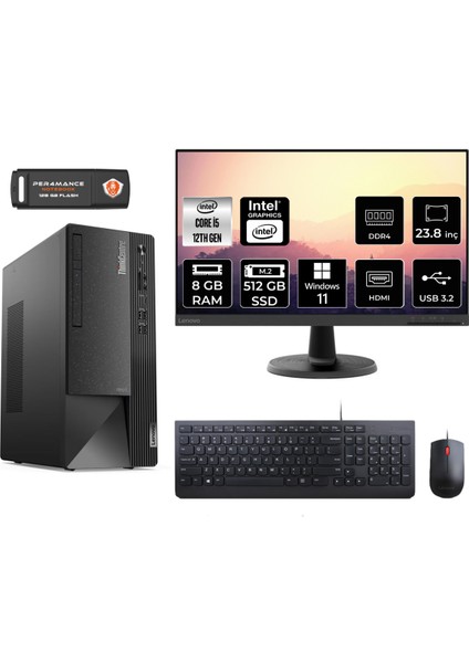 Thinkcentre Neo 50T Intel Core I5 12400 8gb 512GB SSD 23.8" Fhd Monitör W11H 11SE00MJTX Masaüstü Bilgisayar & Per4 USB Bellek 11SE00MJTXMNT352