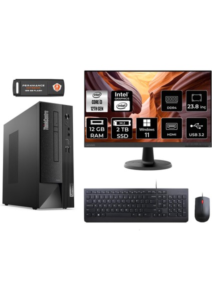 Thinkcentre Neo 50S Intel Core I3 12100 12GB 2tb SSD 23.8" Fhd Monitör W11P 11SX002VTX Masaüstü Bilgisayar & Per4 USB Bellek 11SX002VTXMNT409