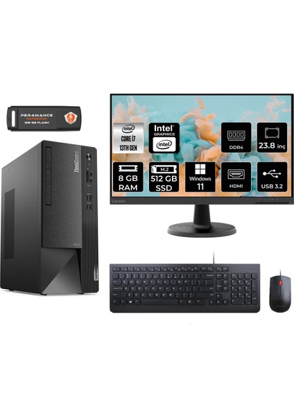 Thinkcentre Neo 50T Intel Core I7 13700 8gb 512GB SSD 23.8" Fhd Monitör W11H 12JD0008TR Masaüstü Bilgisayar & Per4 USB Bellek 12JD0008TRMNT352