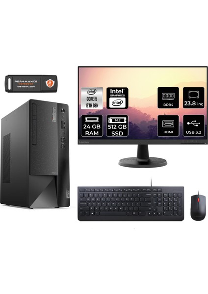 Thinkcentre Neo 50T Intel Core I5 12400 24GB 512GB SSD 23.8" Fhd Monitör Fdos 11SE00BJTX Masaüstü Bilgisayar & Per4 USB Bellek 11SE00BJTXMNT322