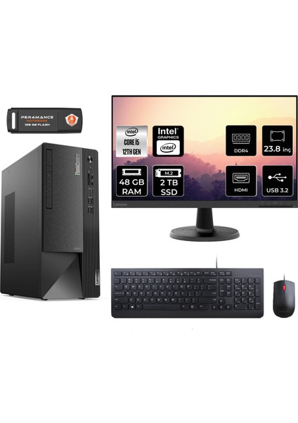 Thinkcentre Neo 50T Intel Core I5 12400 48GB 2tb SSD 23.8" Fhd Monitör Fdos 11SE00BJTX Masaüstü Bilgisayar & Per4 USB Bellek 11SE00BJTXMNT344