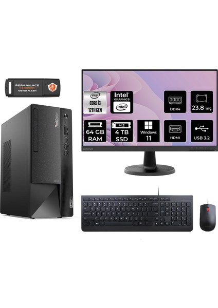 Thinkcentre Neo 50T Intel Core I3 12100 64GB 4tb SSD 23.8" Fhd Monitör W11P 11SC001ATX Masaüstü Bilgisayar & Per4 USB Bellek 11SC001ATXMNT450