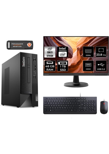 Thinkcentre Neo 50S Intel Core I3 12100 48GB 1tb SSD 23.8" Fhd Monitör Fdos 11SX002VTX Masaüstü Bilgisayar & Per4 USB Bellek 11SX002VTXMNT343