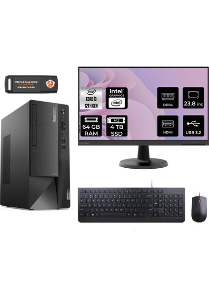 Thinkcentre Neo 50T Intel Core I3 12100 64GB 4tb SSD 23.8" Fhd Monitör Fdos 11SC001ATX Masaüstü Bilgisayar & Per4 USB Bellek 11SC001ATXMNT350