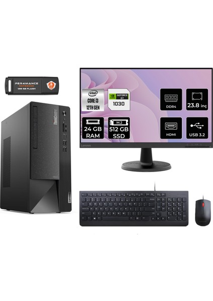 Thinkcentre Neo 50T Intel Core I3 12100 24GB 512GB SSD GT1030/4GB 23.8" Fhd Monitör Fdos 11SC001ATX Masaüstü Bilgisayar & Per4 USB Bellek 11SC001ATXMNT3322