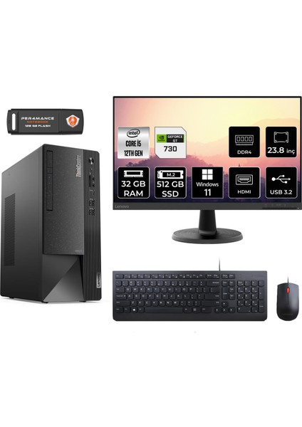 Thinkcentre Neo 50T Intel Core I5 12400 32GB 512GB SSD GT730/4GB 23.8" Fhd Monitör W11H 11SE00BJTX Masaüstü Bilgisayar & Per4 USB Bellek 11SE00BJTXMNT2377