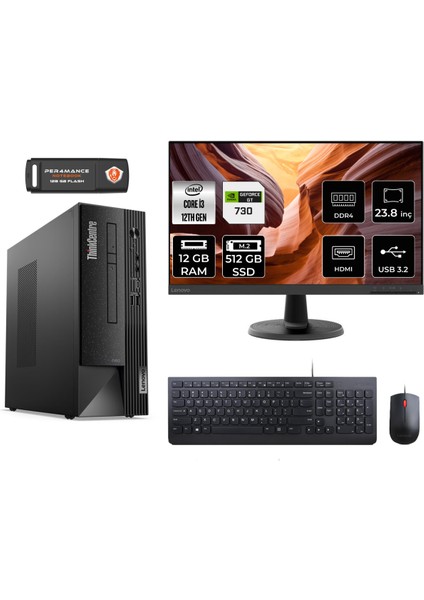 Thinkcentre Neo 50S Intel Core I3 12100 12GB 512GB SSD GT730/4GB 23.8" Fhd Monitör W11H 11SX002VTX Masaüstü Bilgisayar & Per4 USB Bellek 11SX002VTXMNT2357