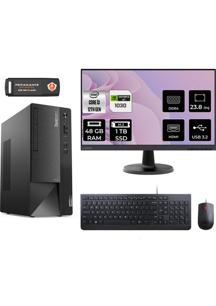 Thinkcentre Neo 50T Intel Core I3 12100 48GB 1tb SSD GT1030/4GB 23.8" Fhd Monitör Fdos 11SC001ATX Masaüstü Bilgisayar & Per4 USB Bellek 11SC001ATXMNT3343