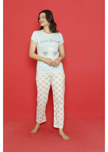 Mavi Kalp Desenli Kısa Kollu Pijama Takımı
