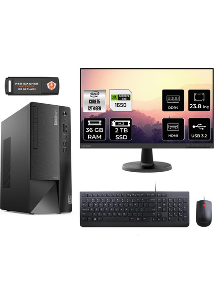 Thinkcentre Neo 50T Intel Core I5 12400 36GB 2tb SSD GTX1650/4GB 23.8" Fhd Monitör Fdos 11SE00MJTX Masaüstü Bilgisayar & Per4 USB Bellek 11SE00MJTXMNT4334