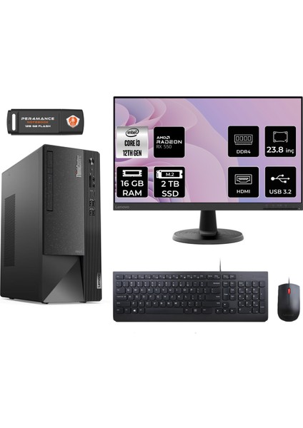 Thinkcentre Neo 50T Intel Core I3 12100 16GB 2tb SSD RX550/4GB 23.8" Fhd Monitör Fdos 11SC001ATX Masaüstü Bilgisayar & Per4 USB Bellek 11SC001ATXMNT1314