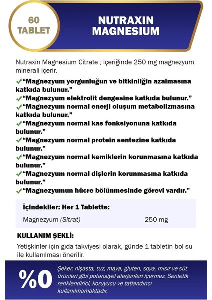 Magnesium Citrate 60 Tablet 250 Mg 5'li