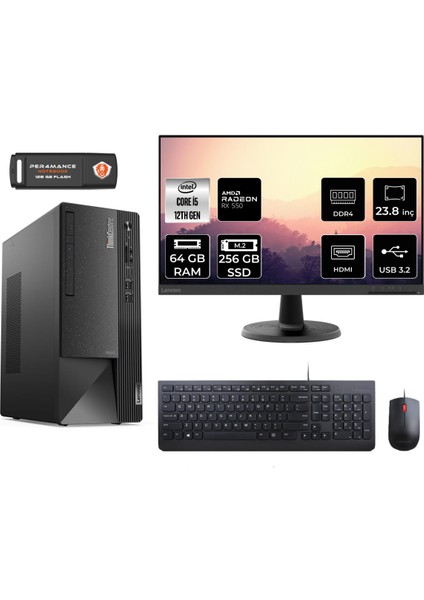 Thinkcentre Neo 50T Intel Core I5 12400 64GB 256GB SSD RX550/4GB 23.8" Fhd Monitör Fdos 11SE00MJTX Masaüstü Bilgisayar & Per4 USB Bellek 11SE00MJTXMNT1346