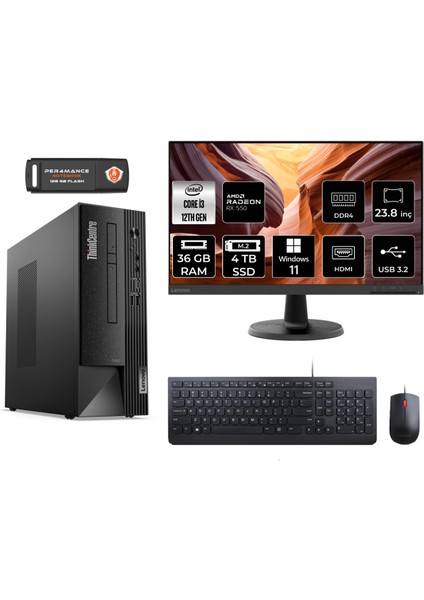 Thinkcentre Neo 50S Intel Core I3 12100 36GB 4tb SSD RX550/4GB 23.8" Fhd Monitör W11H 11SX002VTX Masaüstü Bilgisayar & Per4 USB Bellek 11SX002VTXMNT1385