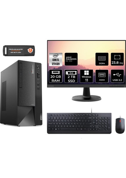 Thinkcentre Neo 50T Intel Core I5 12400 20GB 2tb SSD RX550/4GB 23.8" Fhd Monitör W11P 11SE00MJTX Masaüstü Bilgisayar & Per4 USB Bellek 11SE00MJTXMNT1419