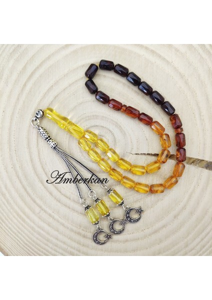 Damla Kehribar 33’lük Gümüş Püsküllü Tesbih – Elmas Kapsül Kesim – Süzme Renk – 6-7,70 mm