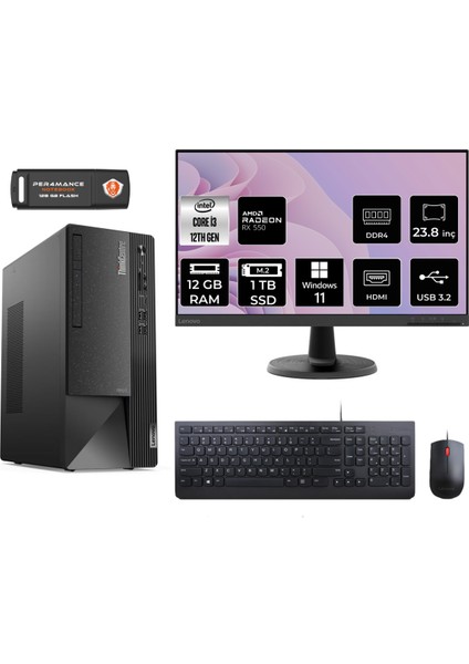 Thinkcentre Neo 50T Intel Core I3 12100 12GB 1tb SSD RX550/4GB 23.8" Fhd Monitör W11P 11SC001ATX Masaüstü Bilgisayar & Per4 USB Bellek 11SC001ATXMNT1408