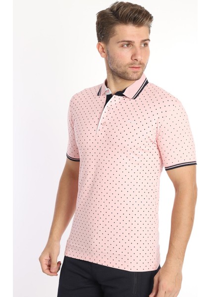 Erkek Pembe Amerikan Pike Kumaş Puantiye Model Polo Yaka Kısa Kol T-Shirt - 13